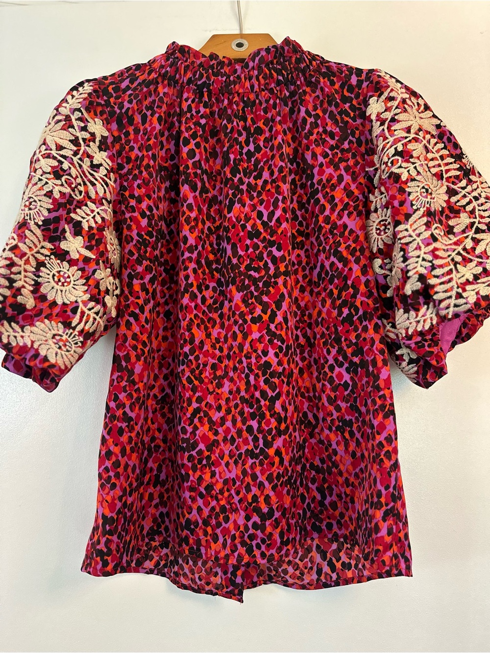 THML Pink and Red Printed Puff-Sleeve Blouse with Cream Embroidery